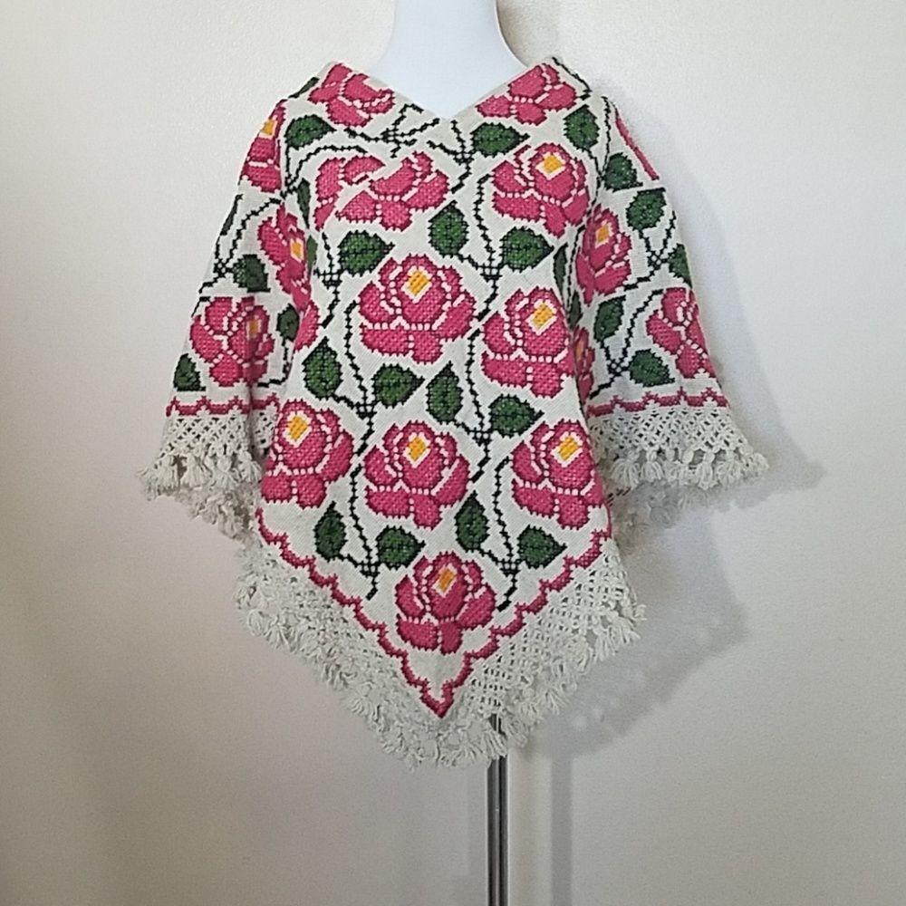 Mexican handwoven wool floral poncho